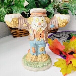 Vtg Halloween Fall Scarecrow Triple Candlestick Candle holder Porcelain 50s